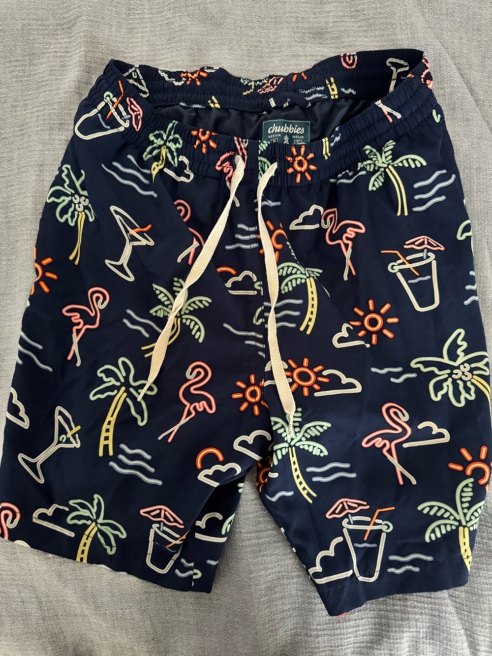 chubbies Navy Swim Trunks with Neon Tropical Print